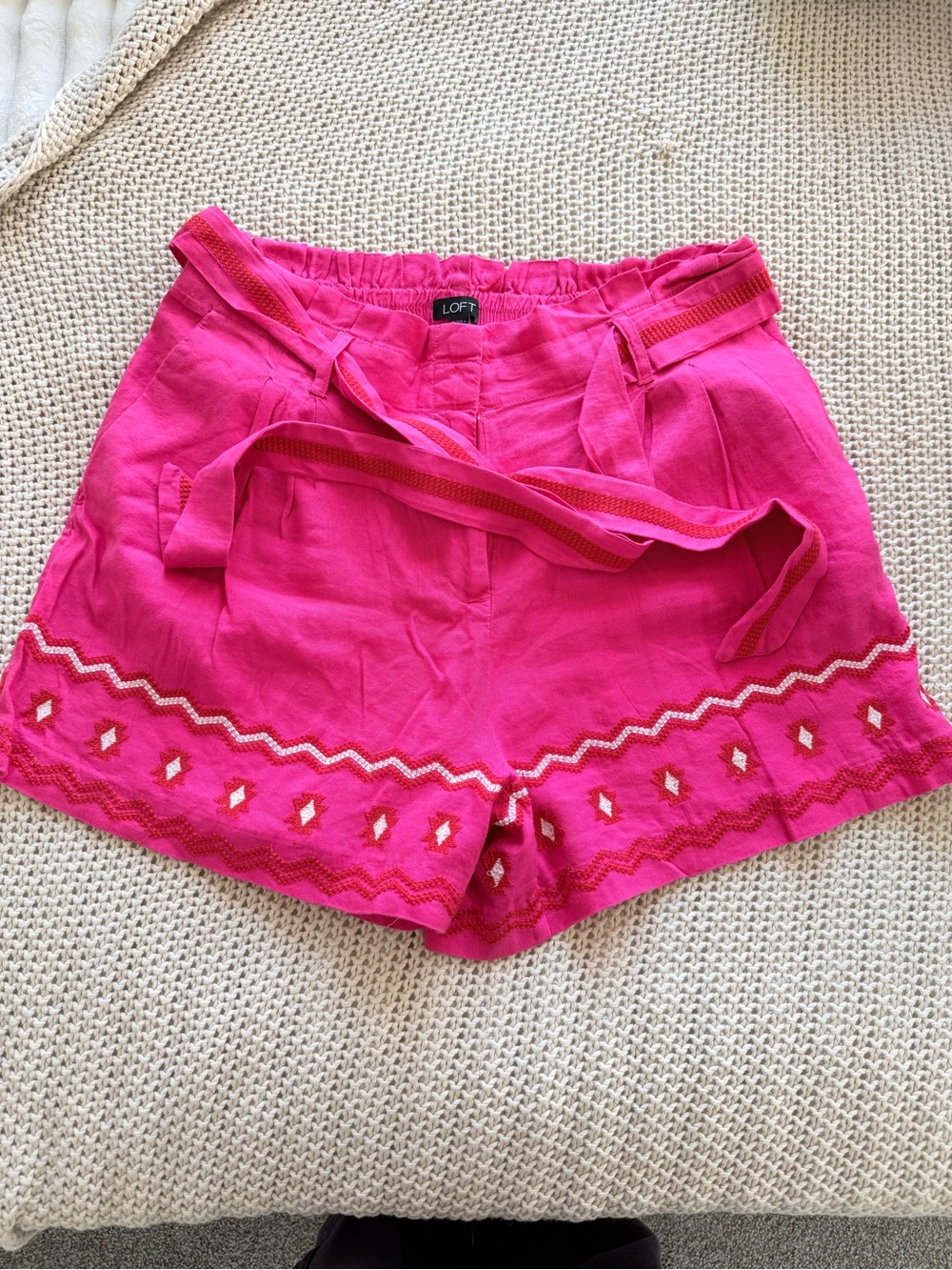 LOFT Bright Pink Embroidered High-Waist Tie Shorts